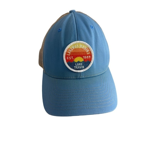 Lake Travis Marina Patch Trucker Hat Snapback Blue Tan Mesh Richardson 112 - Picture 2 of 11